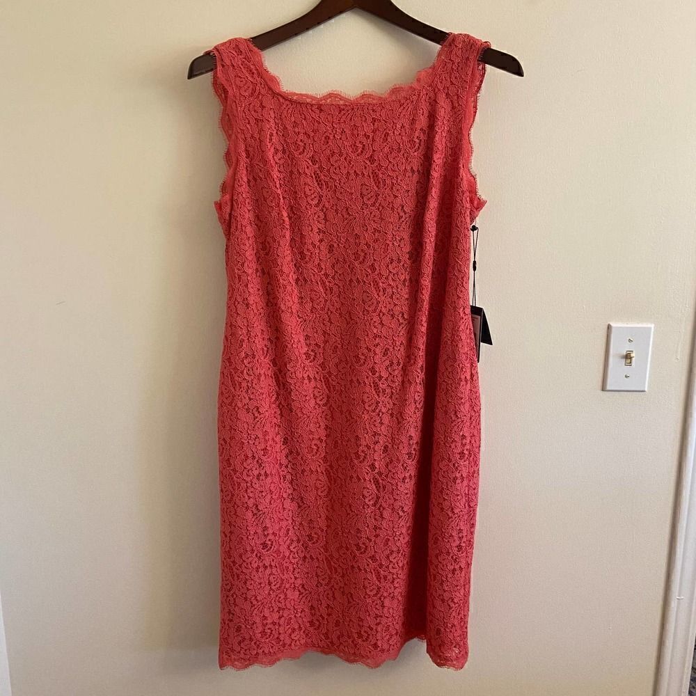 NEW Adrianna Papell Coral Pink Sleeveless Lace Sheath Dress Size 14W